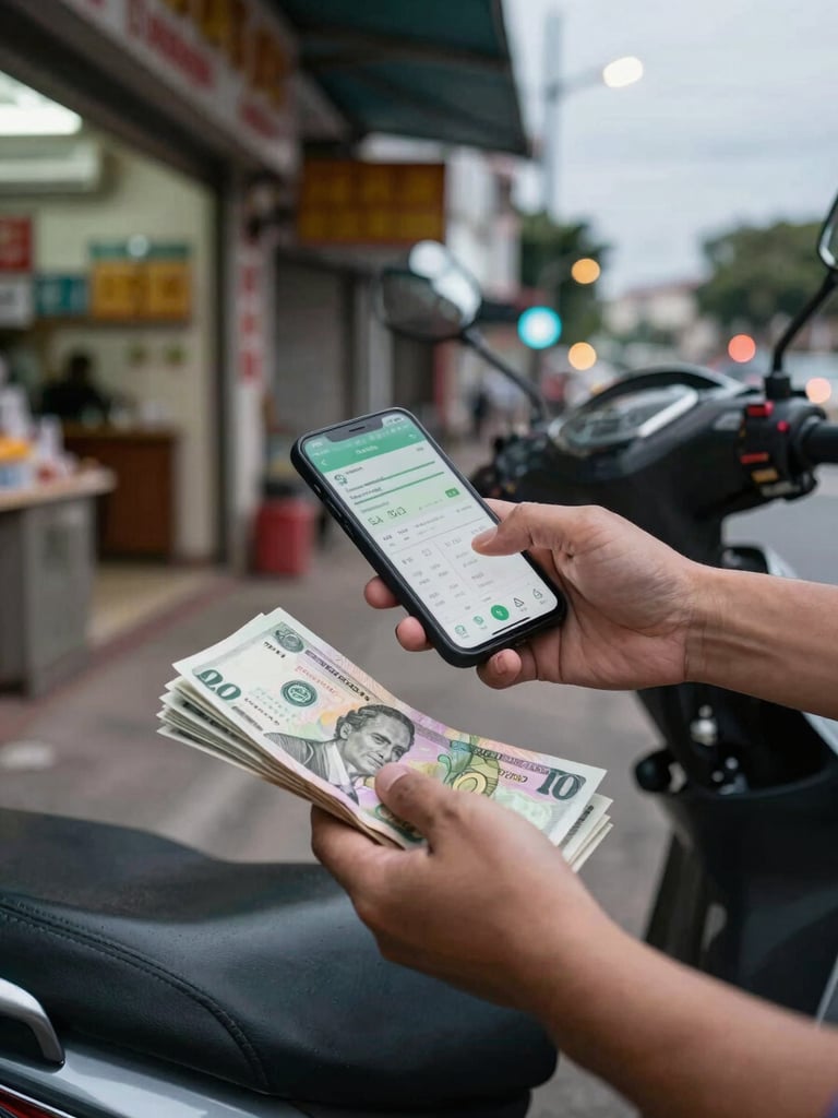 Driver counting cash earnings on a motorbike seat outside a shopfront at dusk, one hand on the phone screen showing trip history, street lights beginning to glow in the background