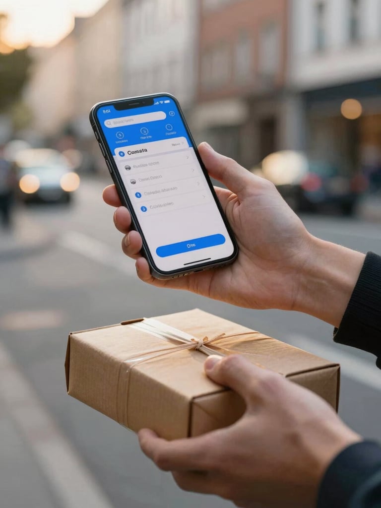 Close detail of two hands — one holding a smartphone showing a ride booking confirmation screen, one handing over a delivery package — shot against a blurred urban street backdrop at golden hour, daylight dominant