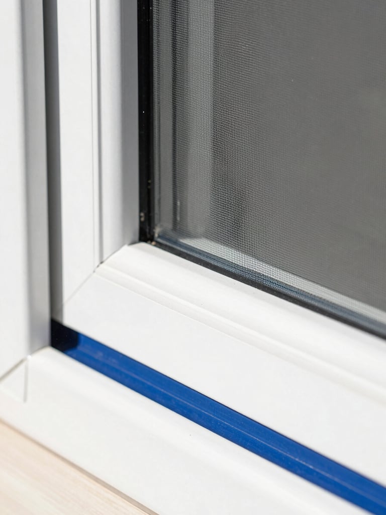 Close-up macro shot of a fine, durable mosquito mesh integrated into a UPVC sliding window frame, bright daylight, sharp focus.