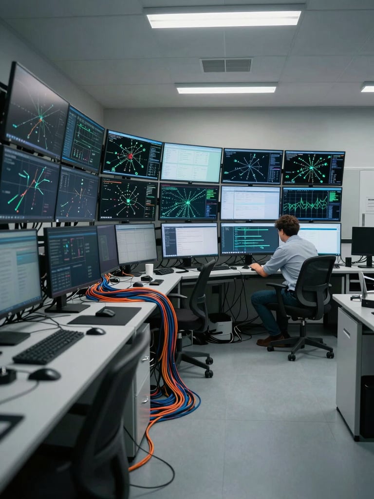 Wide shot of a logistics operations room, a wall of monitors displaying network dashboards and route tracking, a worker seated at a workstation reviewing data under cool overhead fluorescent light, cables organized in neat runs along the floor