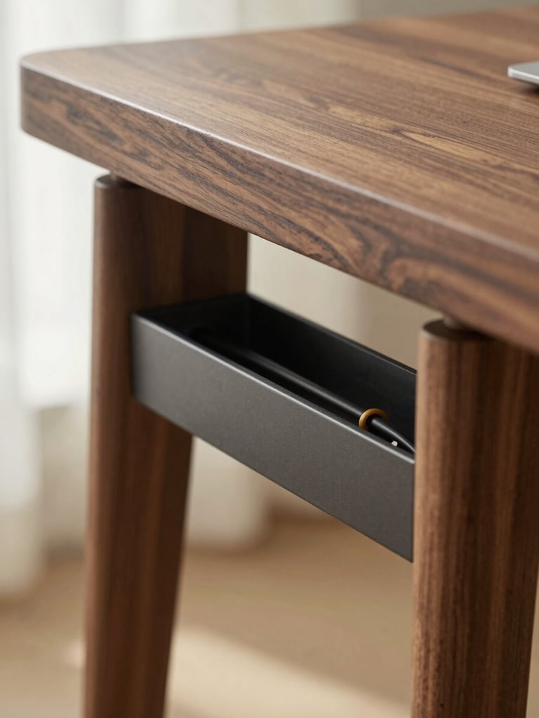 Close-up of an integrated cable management channel routed into a solid walnut desk leg, matte charcoal metal accents, soft natural light, 50mm.