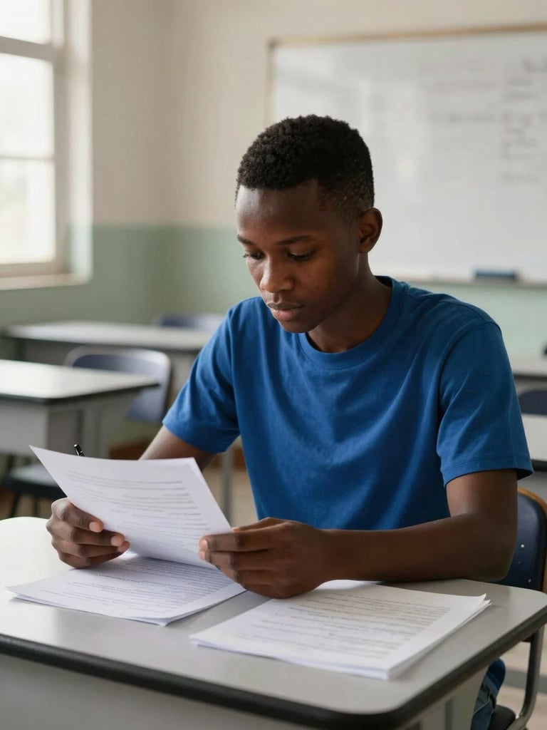 Close-medium shot of a Haitian student at a desk in an administrative classroom, pen in hand reviewing printed documents, natural window light from the left casting soft shadows across the desk surface, institutional chairs and a whiteboard visible in the soft background