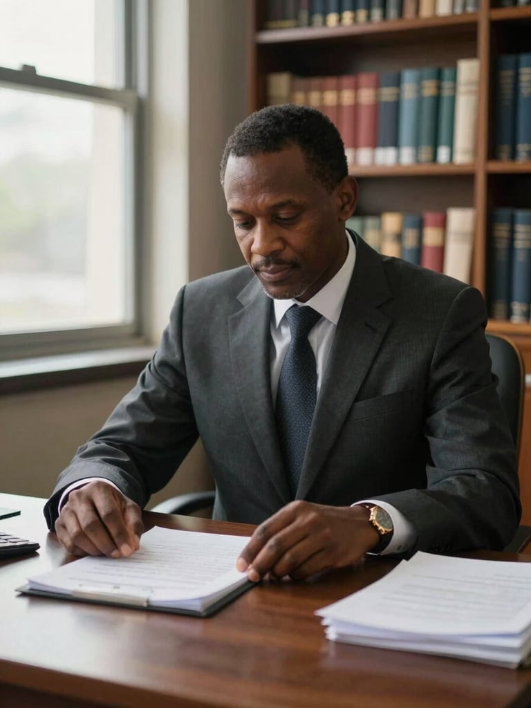 Medium shot of a Haitian academic administrator seated at a desk in a university office, natural window light from the left, professional dark suit, hands resting on an open document, expression composed and attentive, bookshelves visible in the background