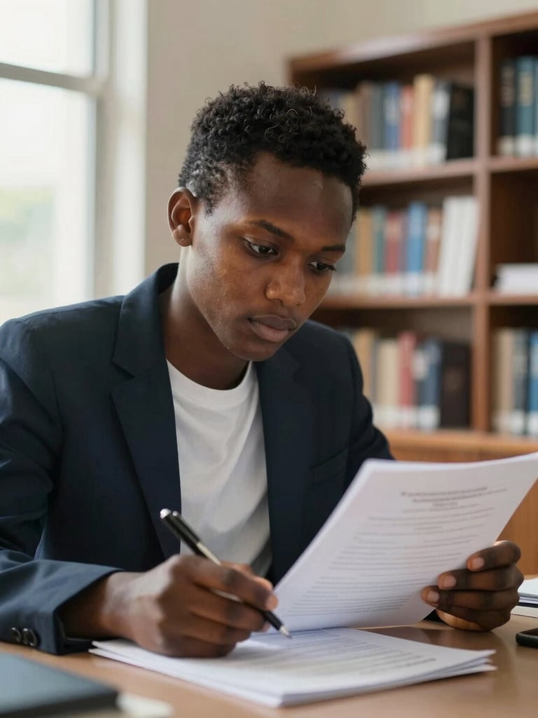 Close-up medium shot of a Haitian student at a desk in a university administrative office setting, pen in hand reviewing documents, natural window light from the left, professional attire, concentrated expression, blurred institutional shelving in background