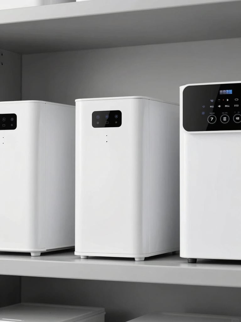 Modern household appliances arranged on a clean gray studio shelf, sharp focus, technical product shot