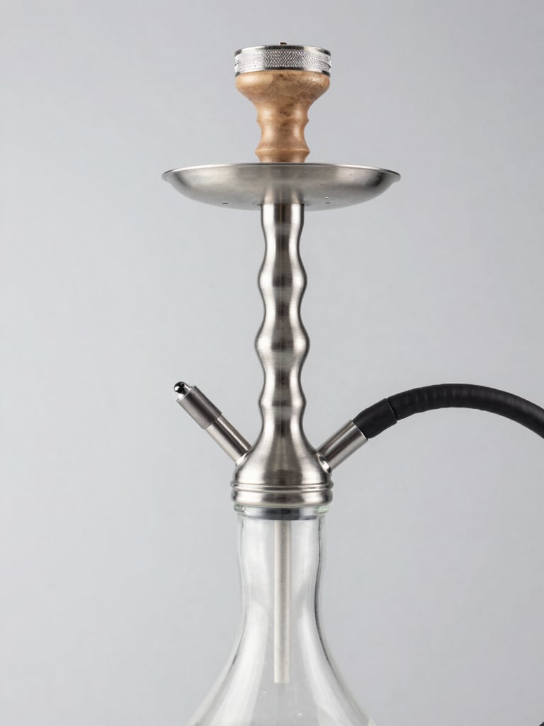 Close-up studio shot of elegant modern hookah stems and glass bases with metallic textures on a clean light gray backdrop