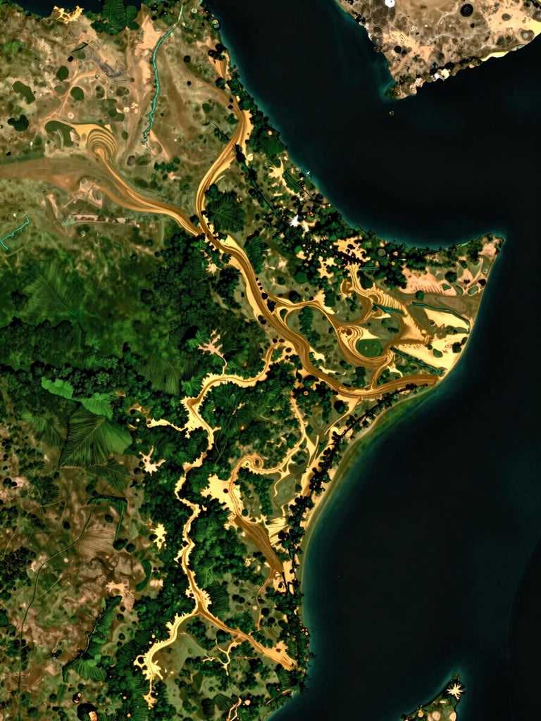 High-contrast satellite visualization of a West African river delta, displaying infrared vegetation health and golden sediment flows, dark background