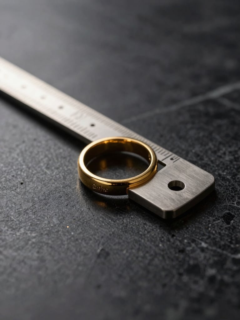 Macro close-up of a gold ring sizer on a dark textured marble table, dramatic side-lighting, champagne reflections