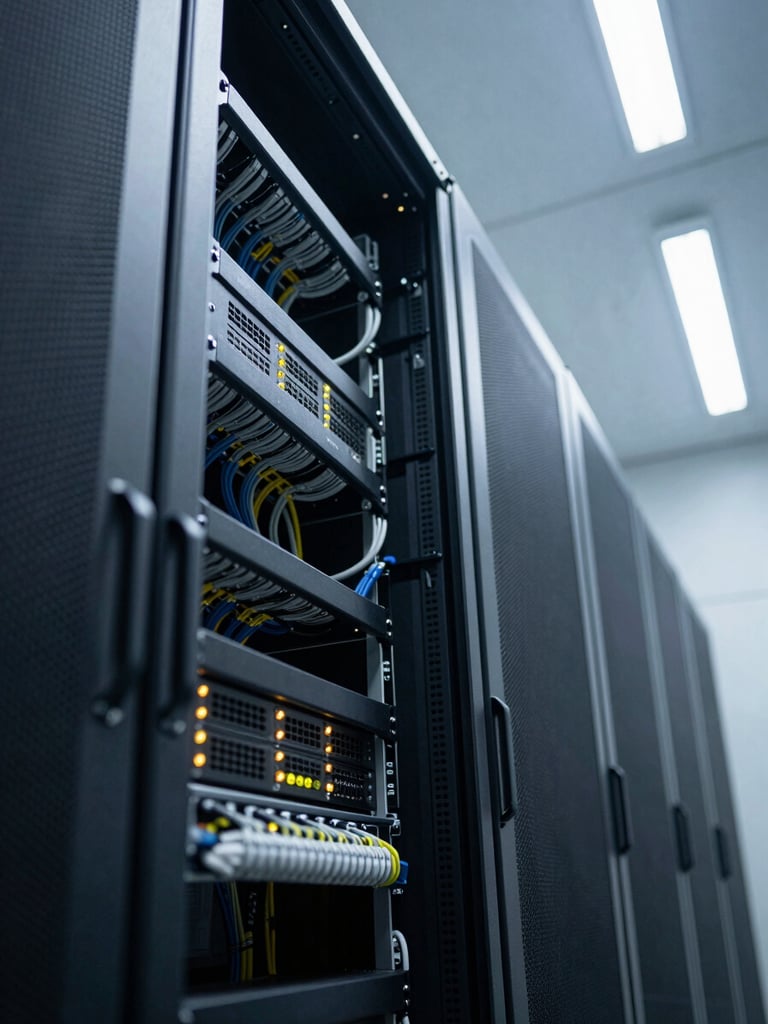Close-up overhead shot of a data center rack corridor under cool fluorescent lighting, cable management and blinking status LEDs visible, shot from a low angle looking down a tight row of servers, deep shadows between racks