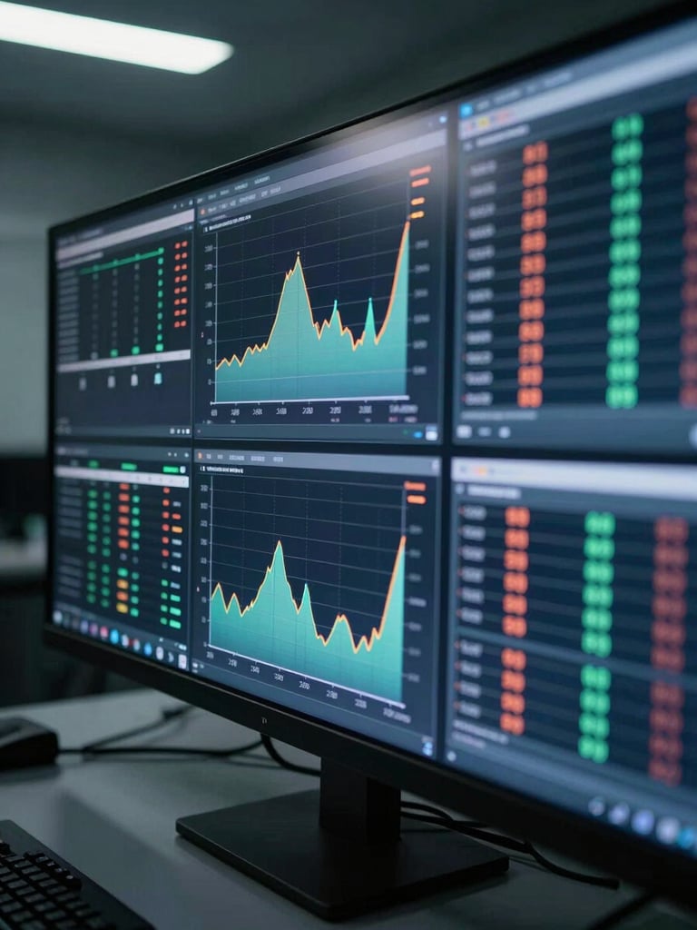 Close-up of a wide monitoring dashboard screen in a dimly lit engineering war room, cost allocation graphs and resource utilization charts glowing on dark panels, cool fluorescent light casting sharp reflections on the display surface