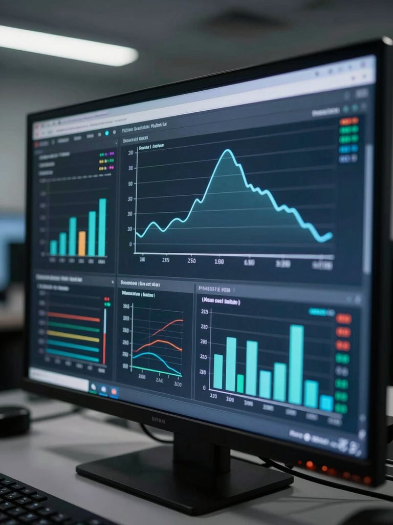 Close-up of a dark monitoring dashboard screen showing cloud cost allocation graphs and resource utilization readouts, cool fluorescent studio lighting, control-room atmosphere, data labels visible mid-screen