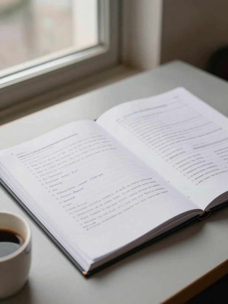 Medium shot of a worn consultation folder open on a table beside a window, handwritten margin notes visible on printed documents, a cup of coffee partially in frame, soft natural overcast light, warm gray surface beneath