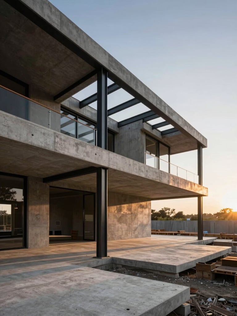 Wide-angle architectural elevation of a modern luxury villa under construction, dramatic sunset lighting, sharp structural steel beams, concrete slabs, clean site organization, high-contrast.