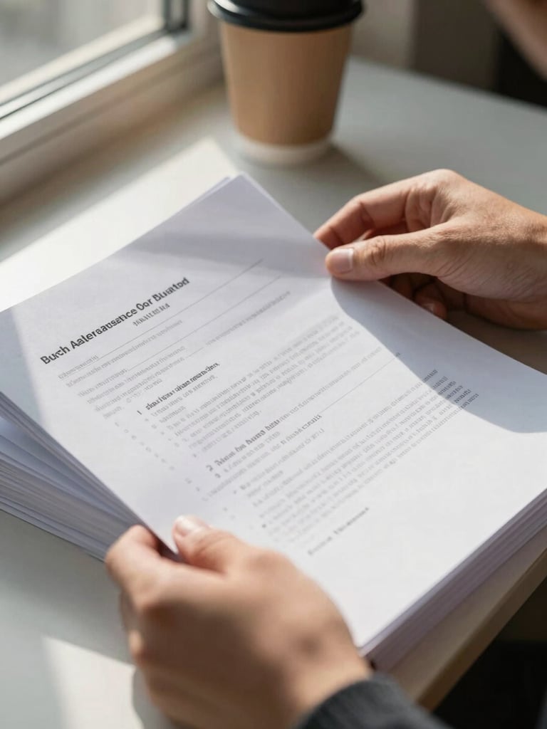 Close-up of hands reviewing a stack of official documents on a desk, natural side-window light casting soft shadows, a coffee cup partially visible in the background, no faces, focus on the papers and hands