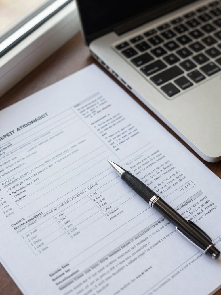 Close-up overhead flat lay of a printed financial report with handwritten annotations beside a laptop keyboard, natural window light from the upper left, pen resting on the document mid-review
