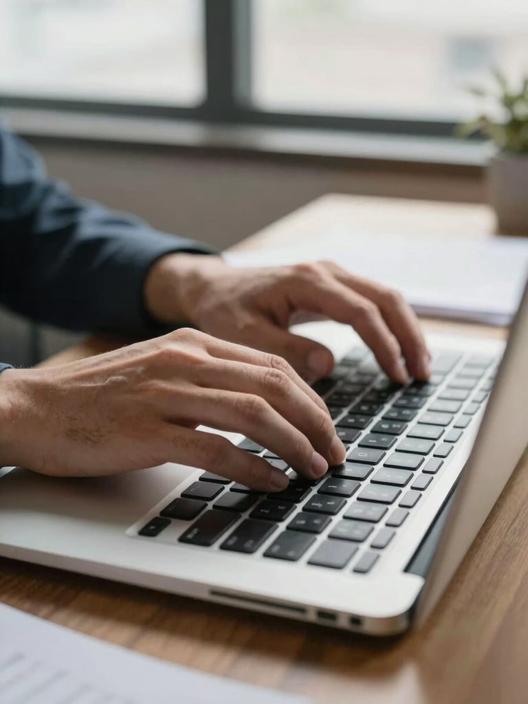 Close-up of hands on a laptop keyboard on a wooden desk in a small company office, natural daylight from a side window, a printed document visible beneath the wrists, shallow focus on the fingers mid-keystroke