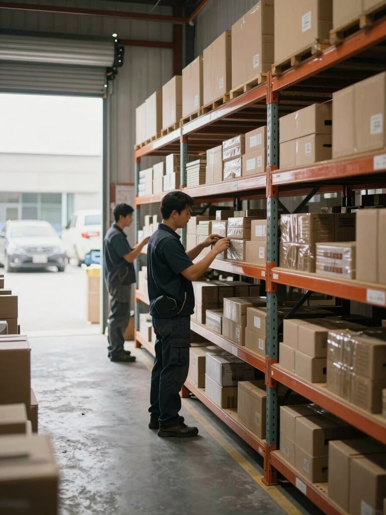 Wide environmental shot of a small warehouse or stockroom, natural daylight through a side door, two workers checking items on shelves in the mid-ground, no faces visible, focus on the work in progress