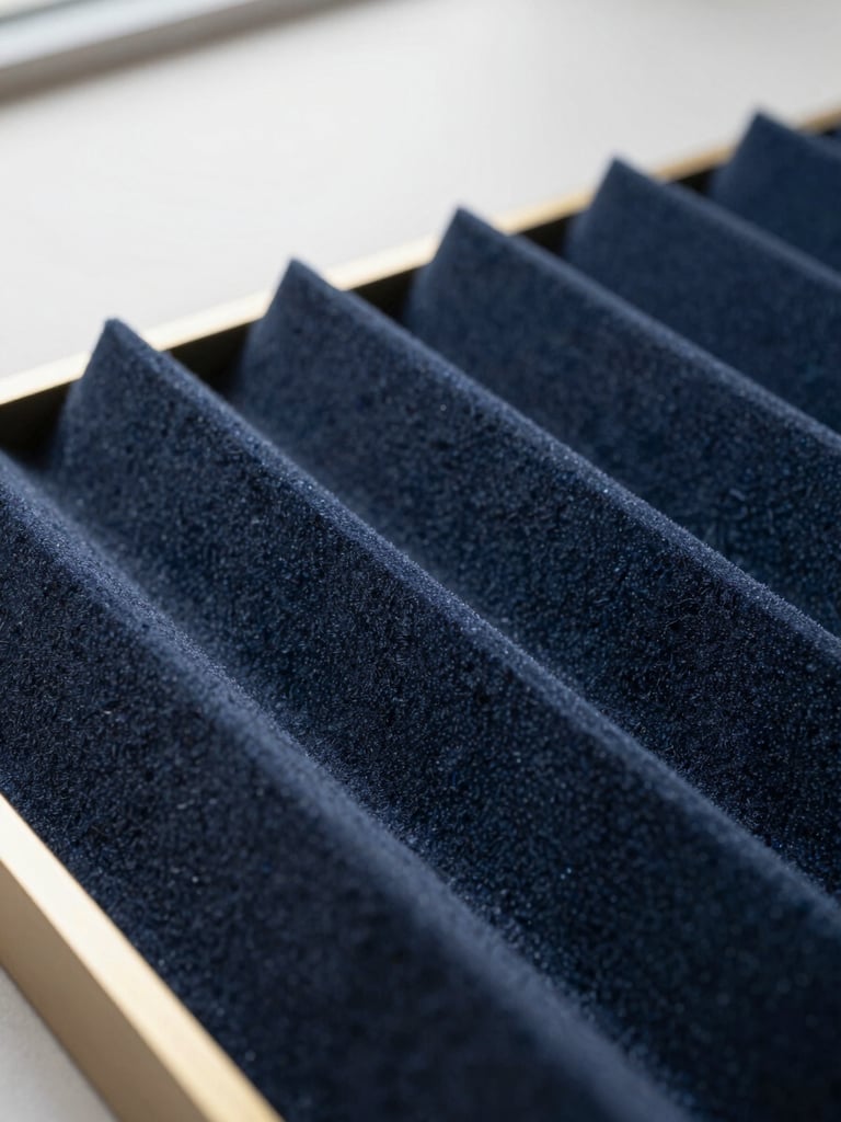 Macro detail shot of premium raw acoustic isolation materials, heavy-density damping compound, soft diffused north-facing daylight, precise technical feel