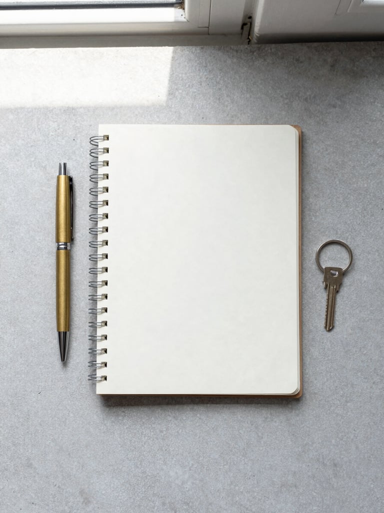 A flat-lay of minimalist everyday carry items on a light gray concrete surface, including a clean notebook, a brass pen, and a simple key ring, shot from directly above in soft natural window light.
