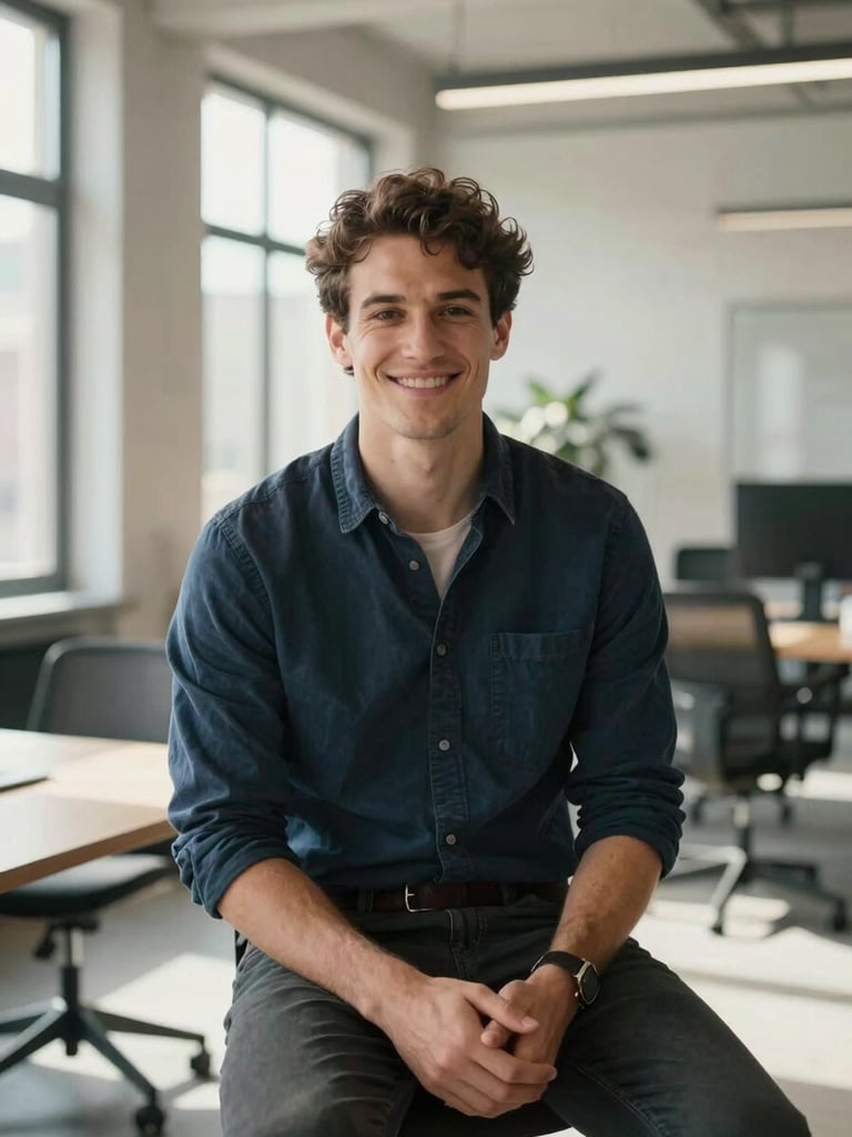 A smart-casual young founder sitting in a modern, sunlit office, smiling confidently, clean architectural lines of a Munich loft in the background, bright natural lighting.