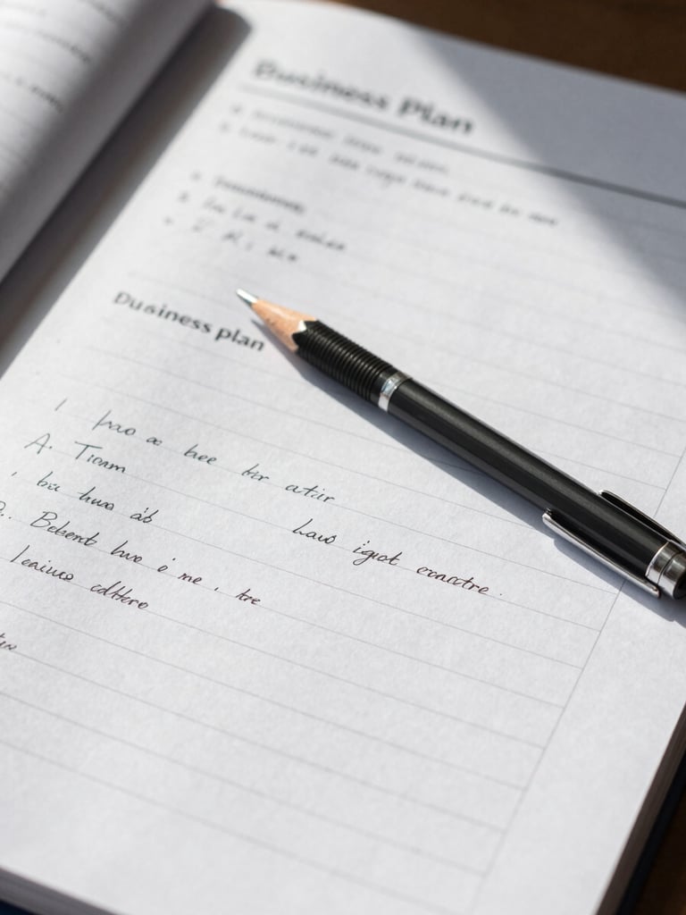 Overhead close-up of a business plan document covered in handwritten margin annotations, a mechanical pencil resting across the page, bright studio daylight from the left casting crisp shadows on the paper