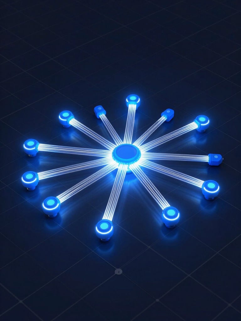 Wide isometric 3D render of a fiber-optic network topology map, glowing electric-blue nodes connected by luminous white cable lines spreading across a dark navy grid, suggesting nine Colombian municipalities linked by a single fiber backbone, sharp technical edges, studio digital lighting, no text or labels