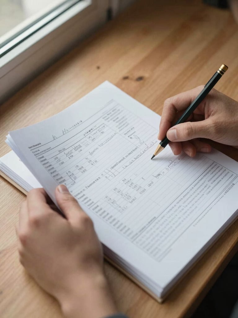 Close-up overhead shot of hands turning pages of a financial worksheet on a wooden desk, pencil marks and handwritten notes visible in margins, natural daylight from a window to the left, desaturated warm tone