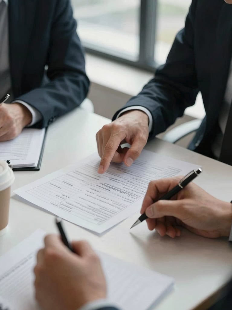 Close-up of two people at a meeting table, one pointing at a printed cash flow report, the other taking notes by hand, natural daylight from a large window behind them, papers and a coffee cup visible, desaturated greyscale tone