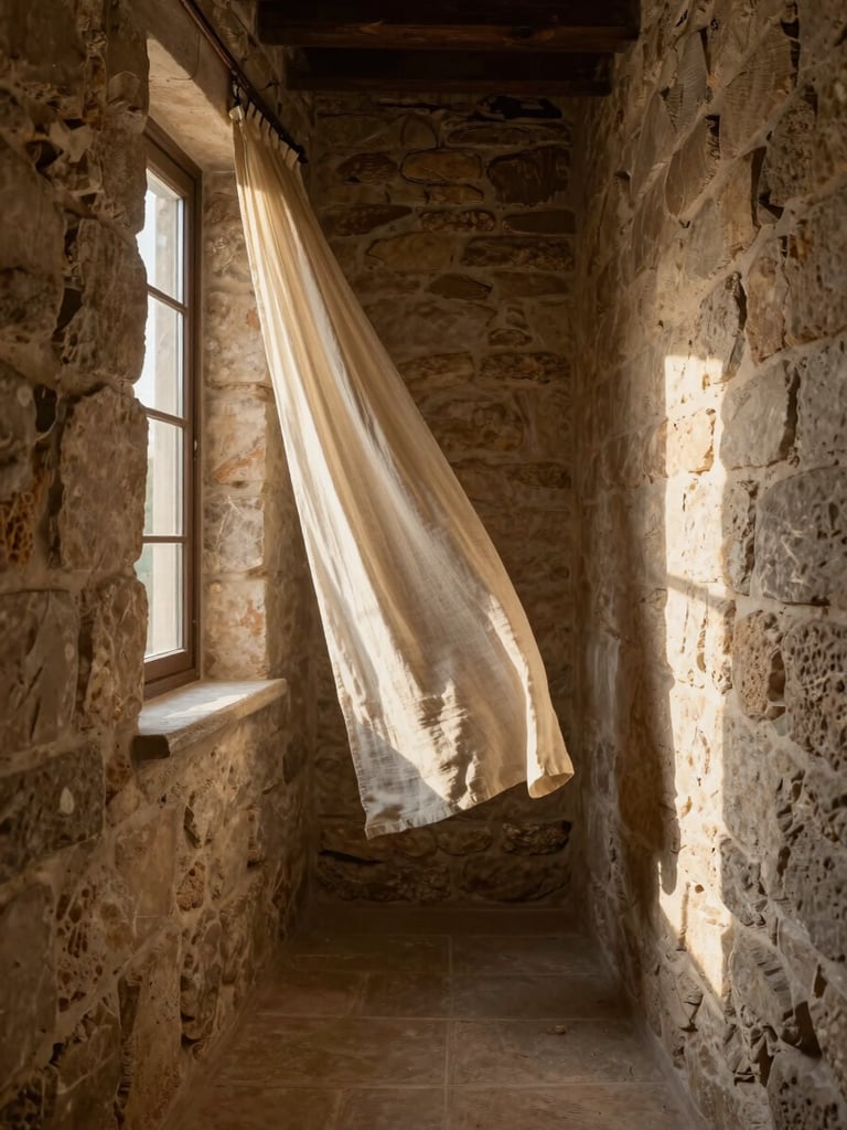 Narrow corridor of a stone guesthouse, late-afternoon light entering a tall window from the left, warm shadow falling across rough-hewn plaster walls, a single linen curtain caught mid-drift