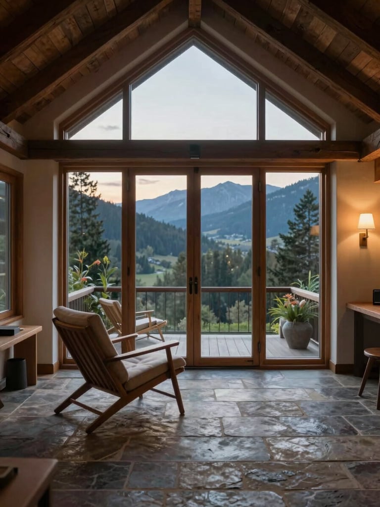Wide environmental interior of a boutique lodge sitting room — architectural window framing evening light across a stone floor, a single reading chair in repose, no guests, no staging
