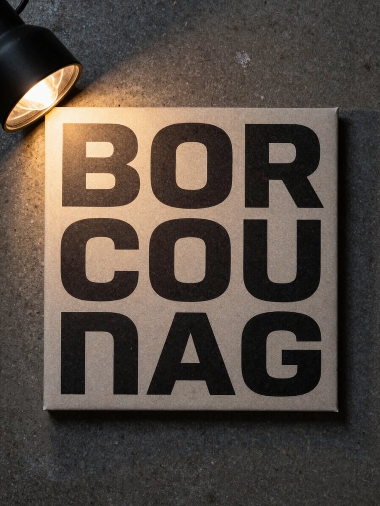 Close-up square album cover flat-lay on a dark concrete surface, edge-lit from the left by a warm amber practical lamp, textured sleeve art visible with bold type and raw grain, shot from directly above
