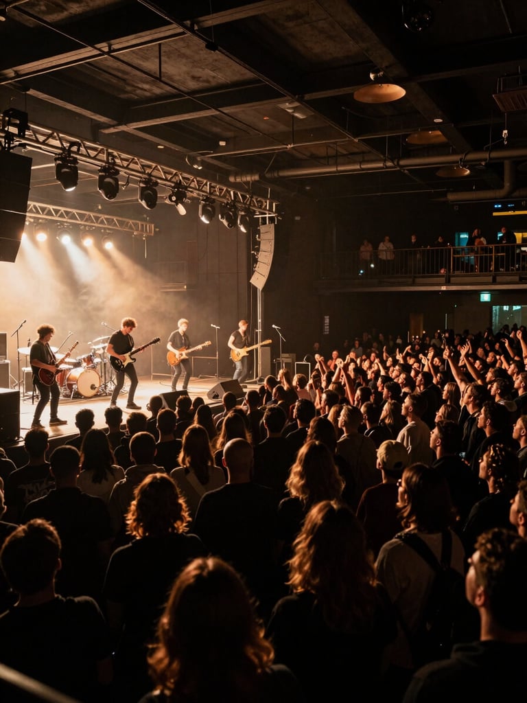 Wide shot of a packed venue interior from stage left, the band mid-set under amber and white practical stage fixtures, crowd pressed forward in the dark, guitars and drum kit silhouetted against the light wash