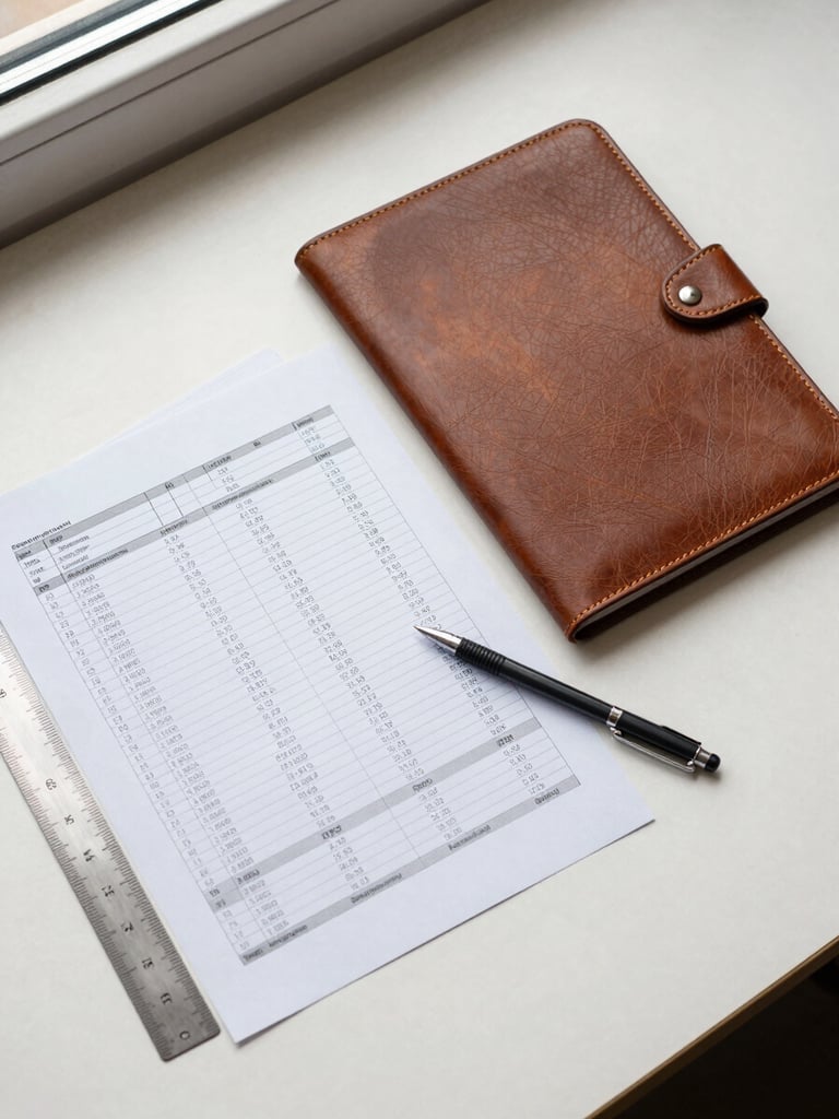 Overhead flat-lay of cash flow spreadsheets and a leather-bound compliance folder on a cream surface, natural north-facing window light, a ruler and mechanical pencil placed precisely beside the documents