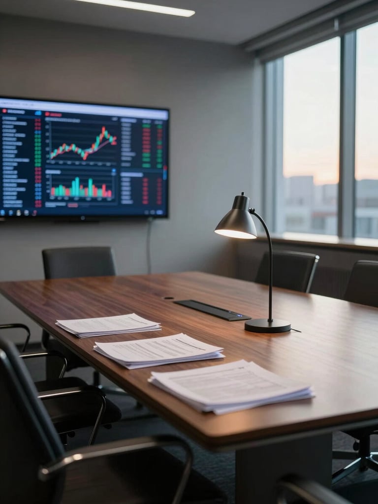 Wide shot of a quiet empty boardroom table at off-hours, financial dashboard visible on a wall-mounted screen in the background, single desk lamp on, documents stacked neatly at the table edge, north-facing daylight fading through the window