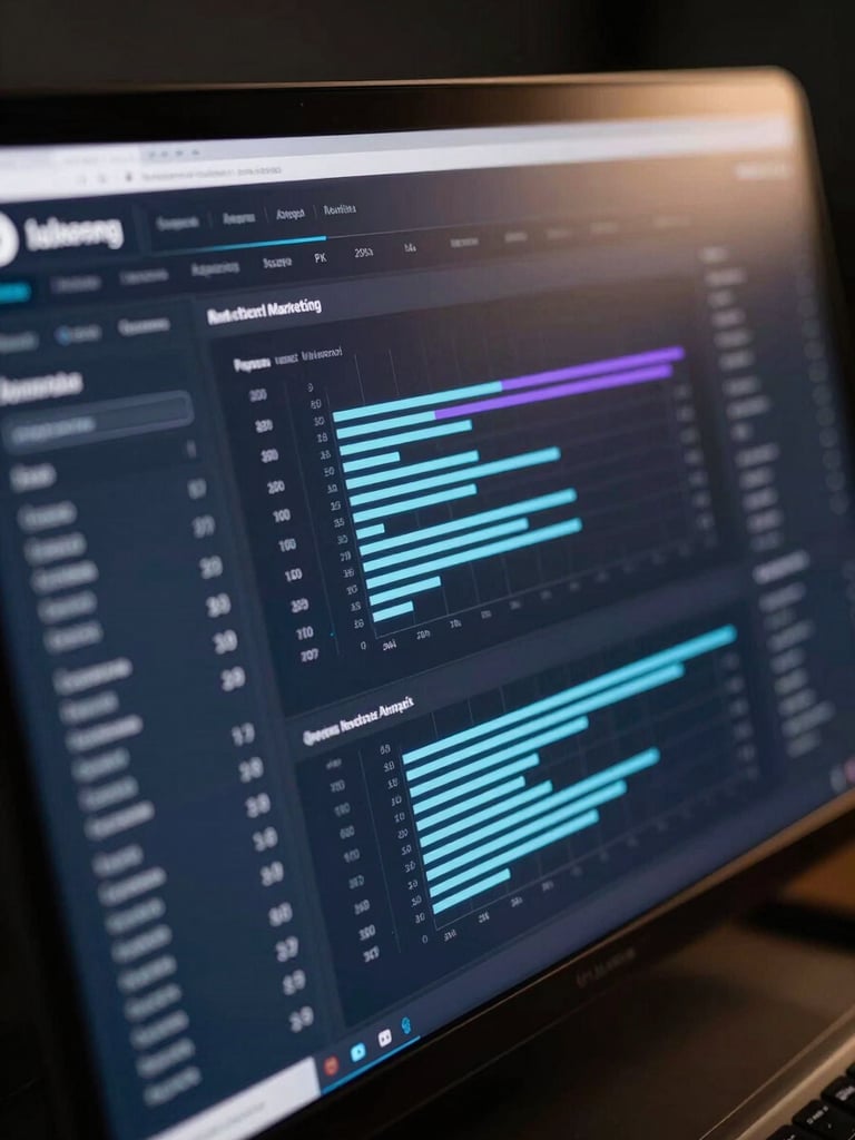 High-fidelity UX mockup of an active marketing analytics dashboard with light blue and purple glowing data lines on a dark metallic screen, moody directional lighting.
