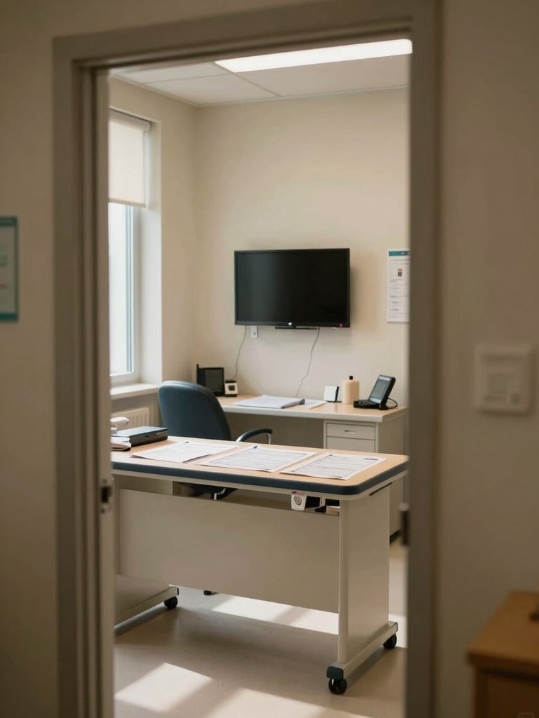 Wide shot of a clinical consultation room interior from the doorway — a desk with medical charts, a wall-mounted monitor, and a cushioned examination table visible in the background, lit by natural window light from the left side, warm-neutral walls, no people present