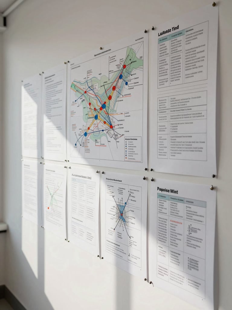 Close shot of a large strategy wall in a sparse studio, printed brand positioning maps and hand-annotated layouts pinned across white surface, natural north-facing daylight, no people visible, shot from slight angle showing depth