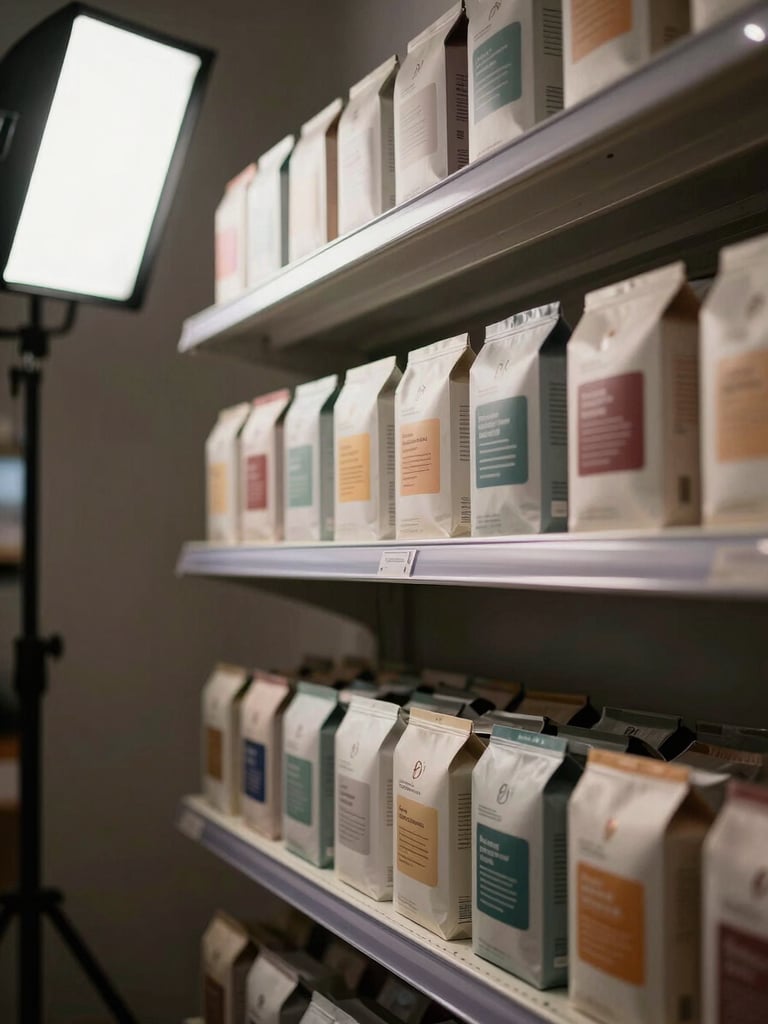 Close environmental shot of brand application in a real retail context — shelving unit with new packaging system in place, studio strobe side-lighting creating clean shadows, shot from a low angle showing product depth