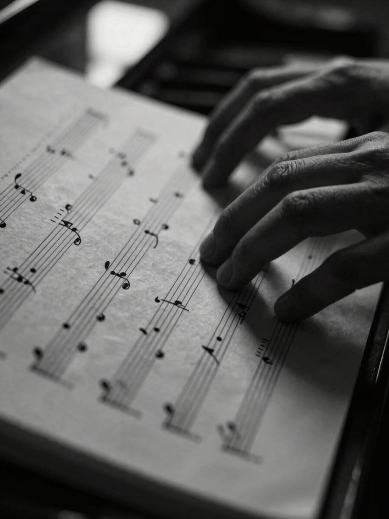 Macro close-up of tactile sheet music on textured paper, hands playing piano in deep shadow, soft directional window light, high-contrast monochrome tones.