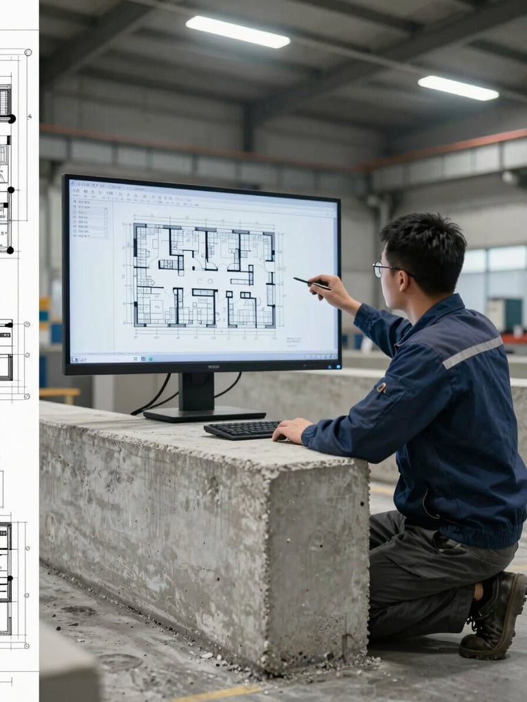 Wide shot inside a precast concrete factory, a technician reviewing CAD drawings on a large monitor mounted beside a freshly cast concrete beam, industrial fluorescent lighting overhead, technical blueprint overlay faintly visible on the left edge of the frame