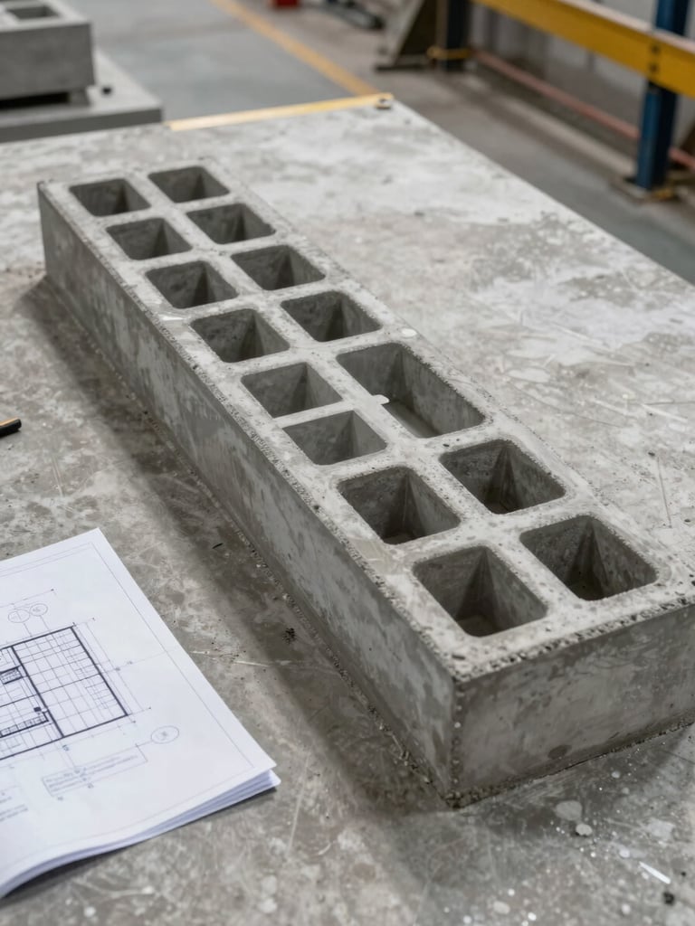 Overhead documentation shot of a precast concrete form layout on the factory floor, engineer's technical drawing partially visible alongside, bright overhead industrial lighting, concrete surface texture sharp
