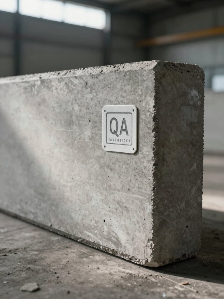 Tight detail shot of a finished precast concrete beam surface with a stamped QA inspection tag attached, factory floor in background slightly out of focus, industrial fluorescent light raking across the concrete texture