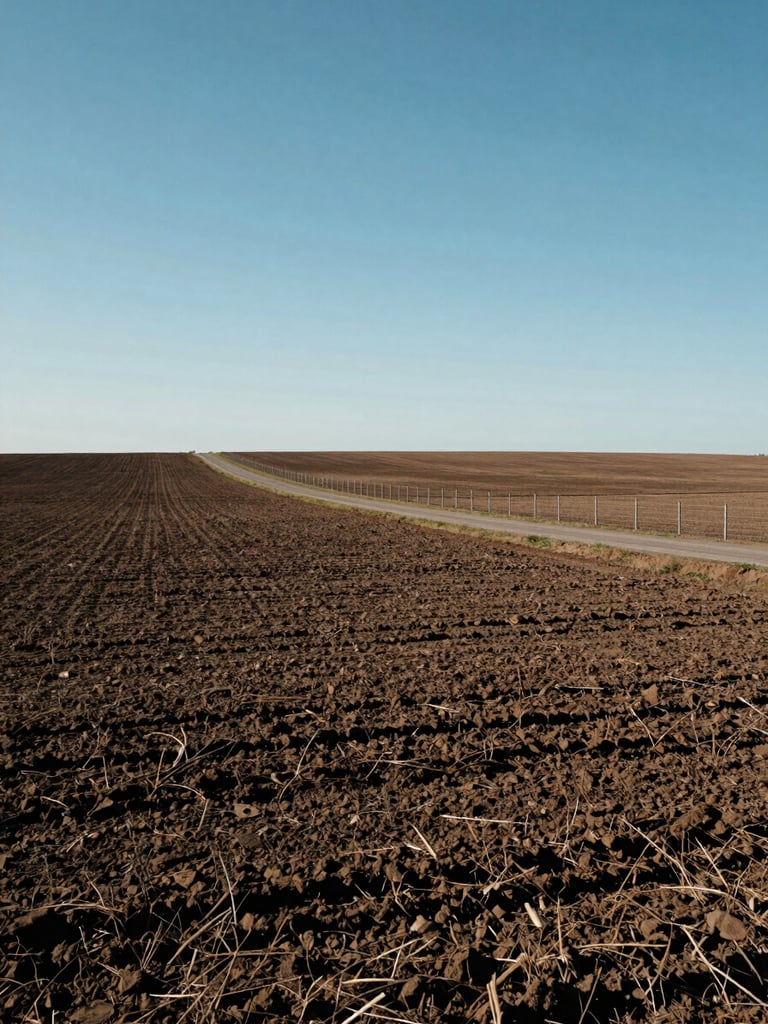 Wide establishing shot of an agricultural terrain at midday, clear northern light, flat horizon with a perimeter fence and access road cutting diagonally through the frame, soil texture and land slope visible, no people, no staging