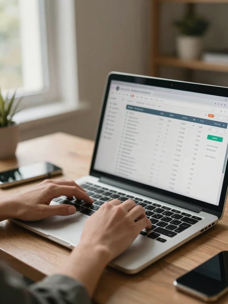 Close environmental shot of a creator at a home-office desk, hands resting on a laptop keyboard, earnings dashboard visible on screen, soft north-facing daylight from a window to the left, warm tones, captured mid-work not posed