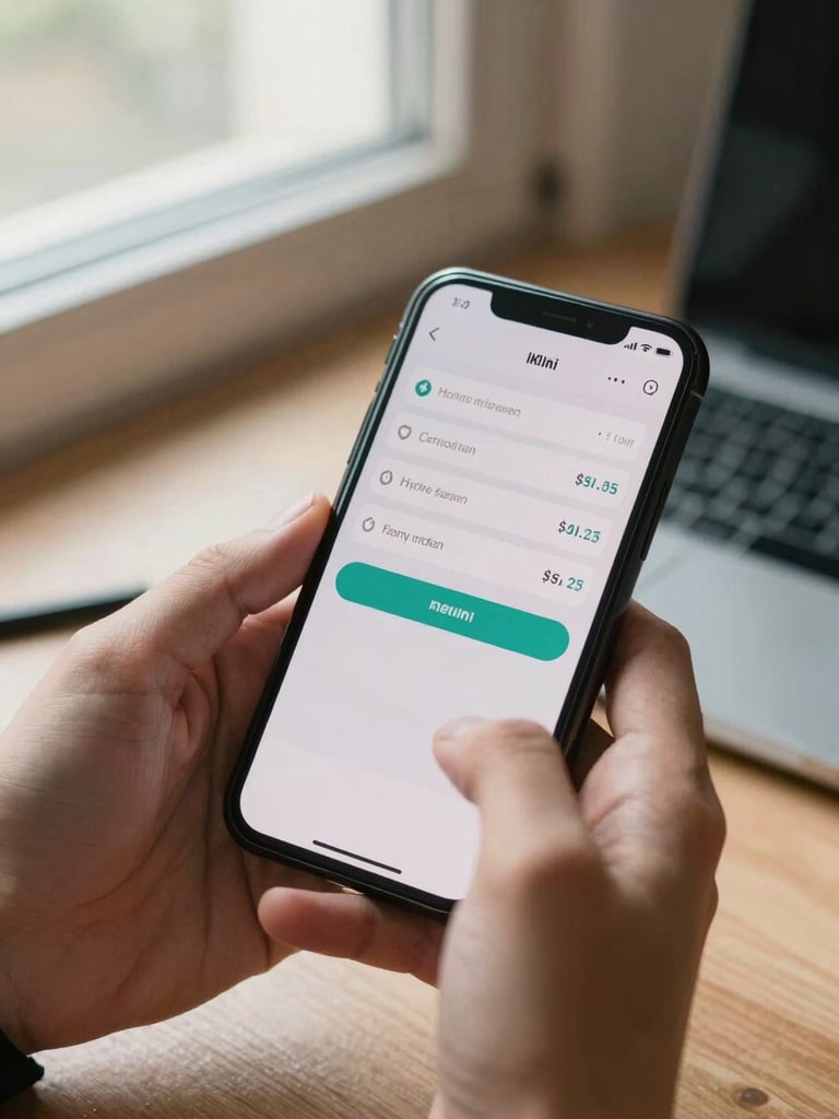 Close-up of a phone screen held in hands showing a transaction confirmation and payout amount in rupees, soft north-facing window light, warm skin tones, blurred desk background, captured candidly not staged