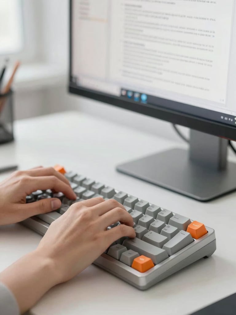 Close-up of hands typing on a mechanical keyboard in a bright, modern office, clean desk, technical documentation on a secondary monitor, neutral slate tones, 35mm
