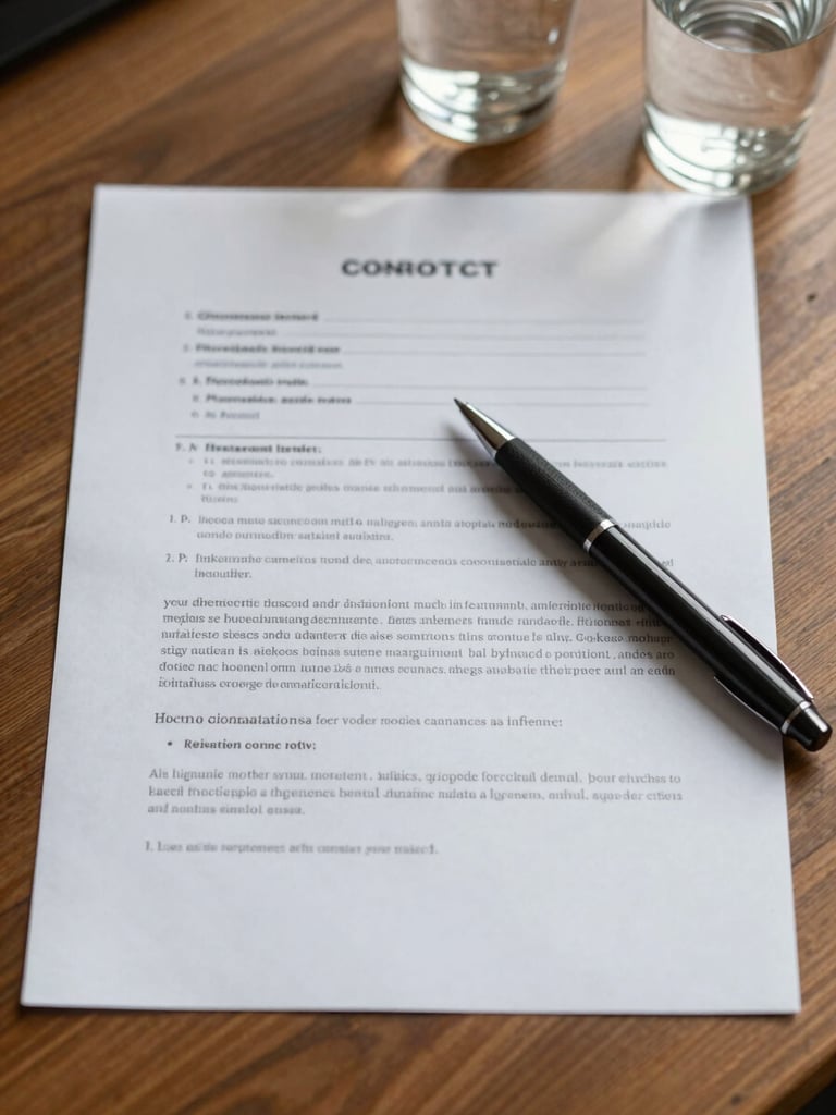 Close-up overhead shot of a wooden desk surface with a printed financial contract, a pen resting across the document, and a glass of water at the far edge — natural window light casting soft shadows across the pages, no hands, no people, documentary framing