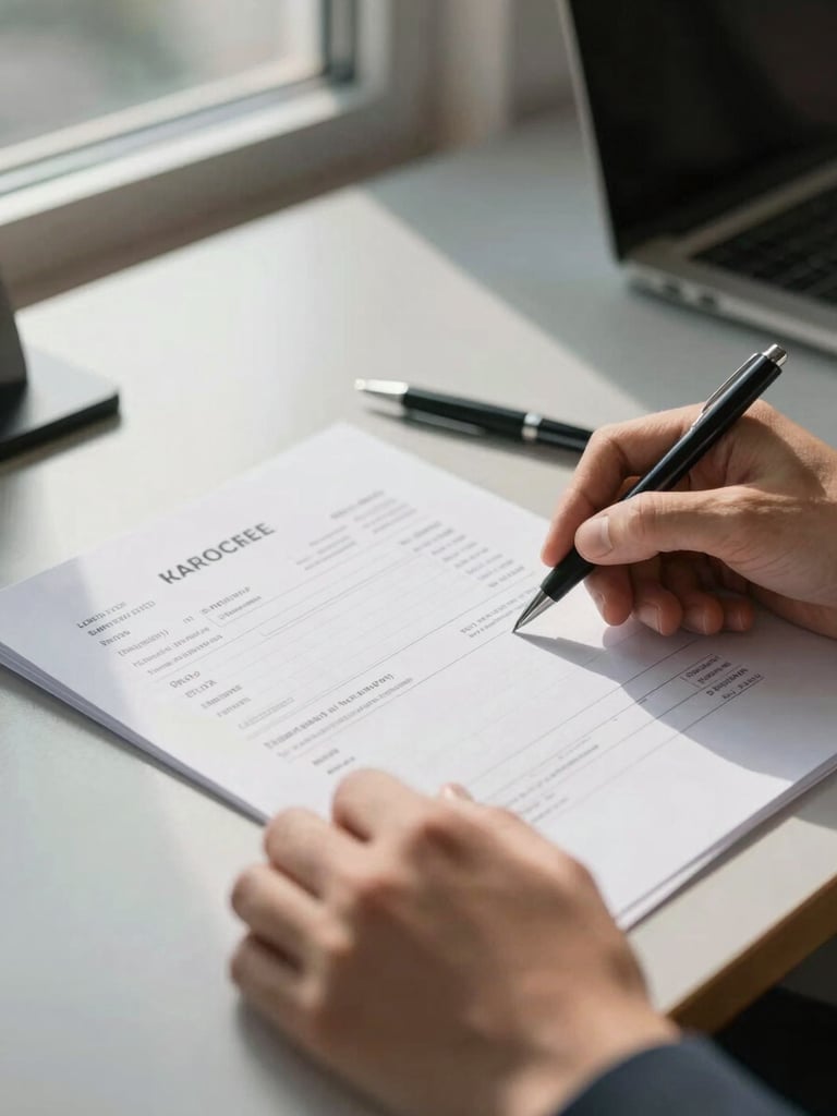 Close-up of hands reviewing a printed invoice on a desk, natural daylight from a nearby office window casting soft shadows across the document, a pen resting beside the paper, crisp documentary framing, no people visible above the wrists