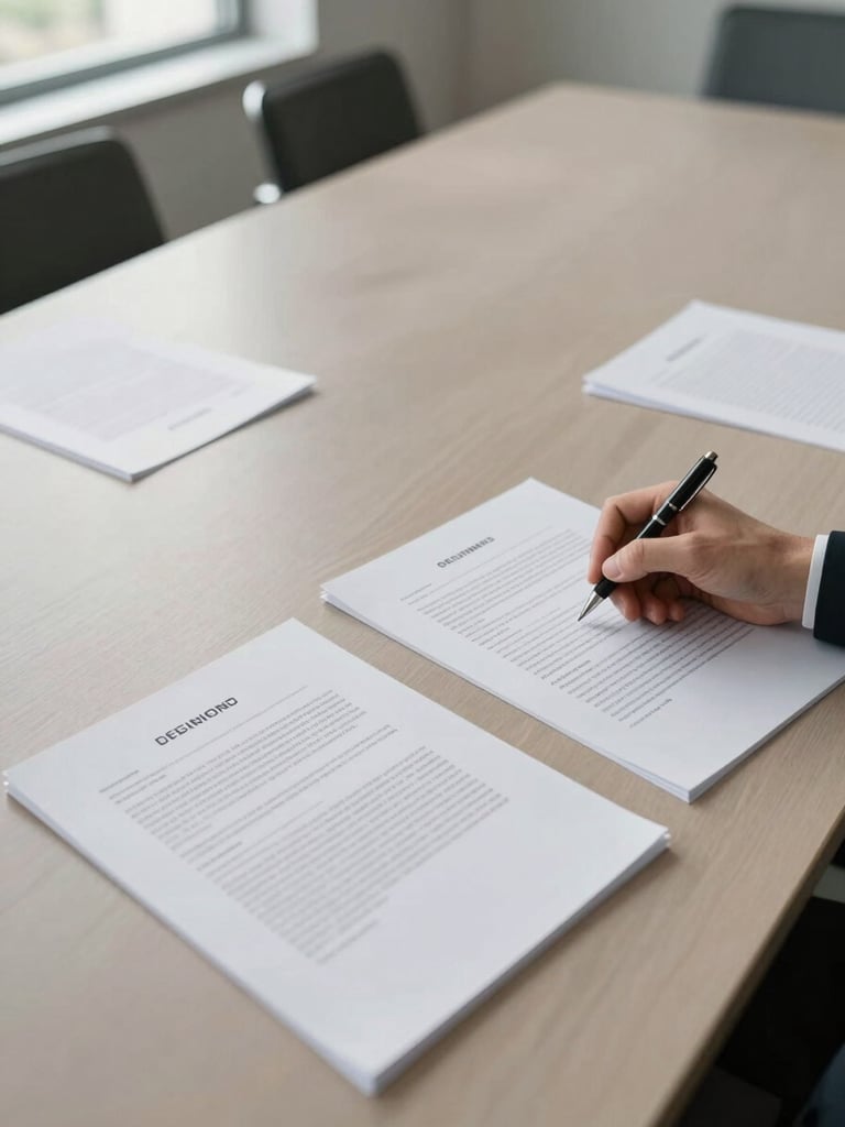 Overhead documentary shot of a wide conference table with multiple printed contracts spread open, a hand holding a pen over one document, natural morning light from a side window, neutral office background, clean uncluttered surface