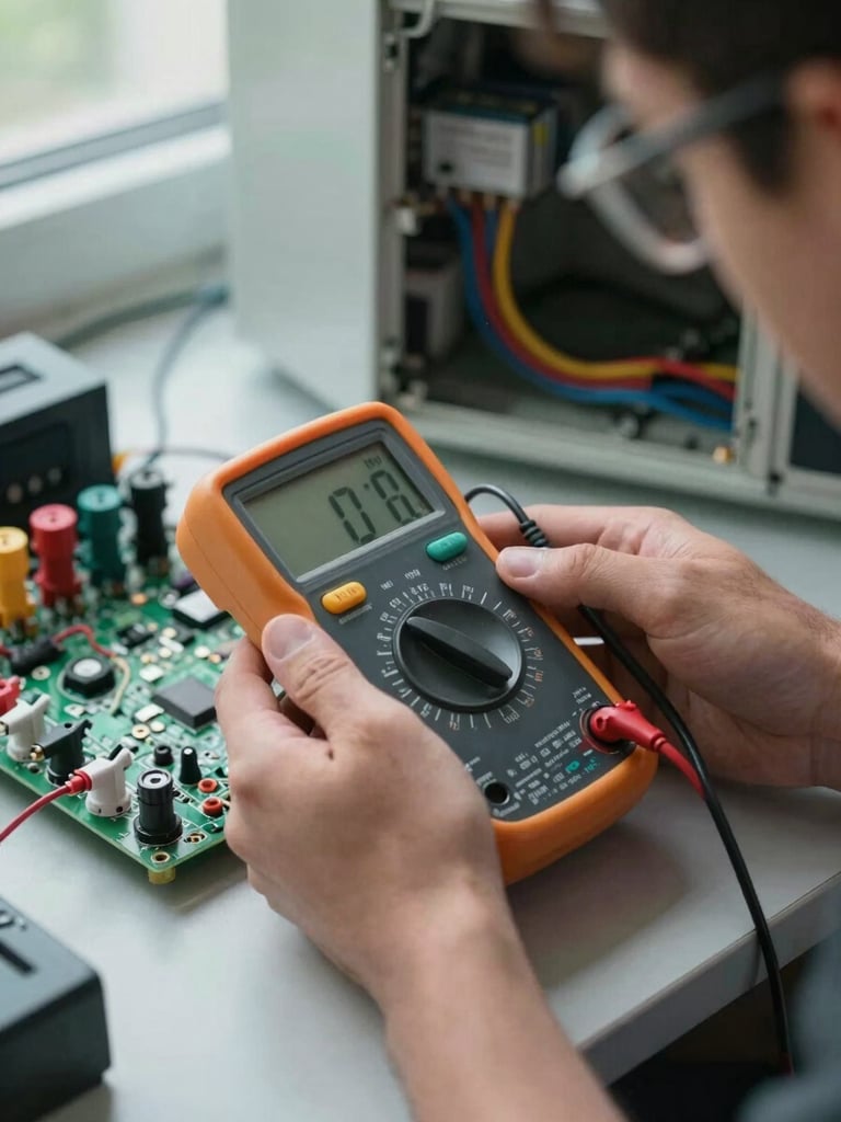 Close-up of a technician's hands holding a digital multimeter against an open appliance control board, natural diffused daylight from a nearby window, organized wiring visible in the background, steel-grey tones